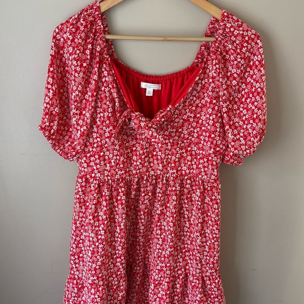 Lauren Conrad Red Floral Boho Dress Women's M Tie Front Short Sleeve
